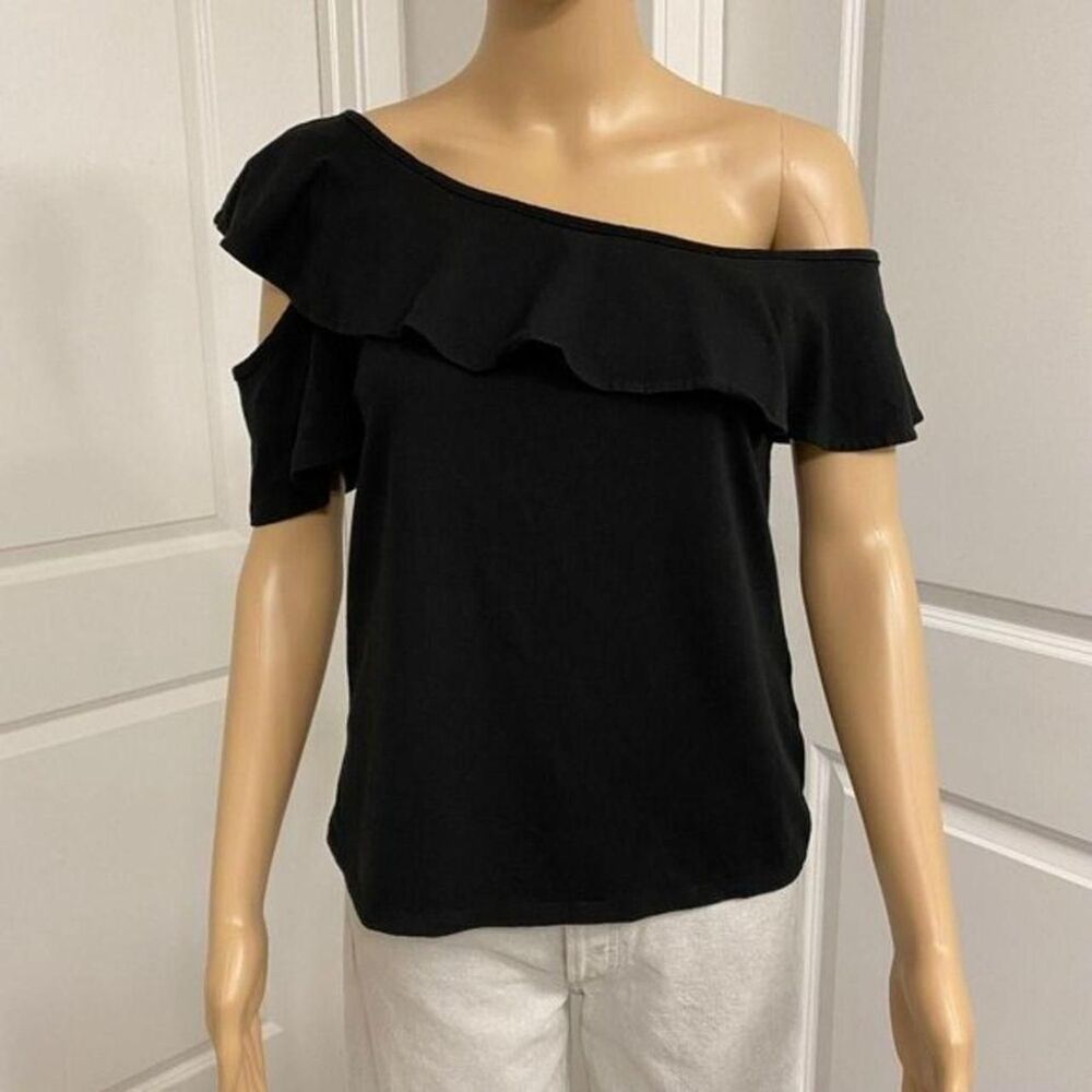 J Crew Black Asymmetrical Ruffled One Sleeve Off The Shoulder Knit Top Small S